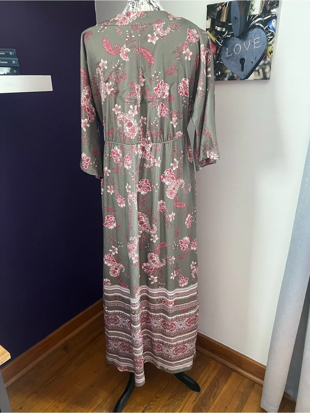 7 for $30 ONE WORLD Olive Maxi Dress with Pink Floral Print